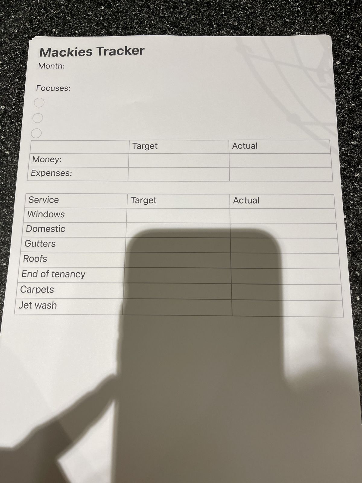 A blank business tracker sheet printed out on a desk